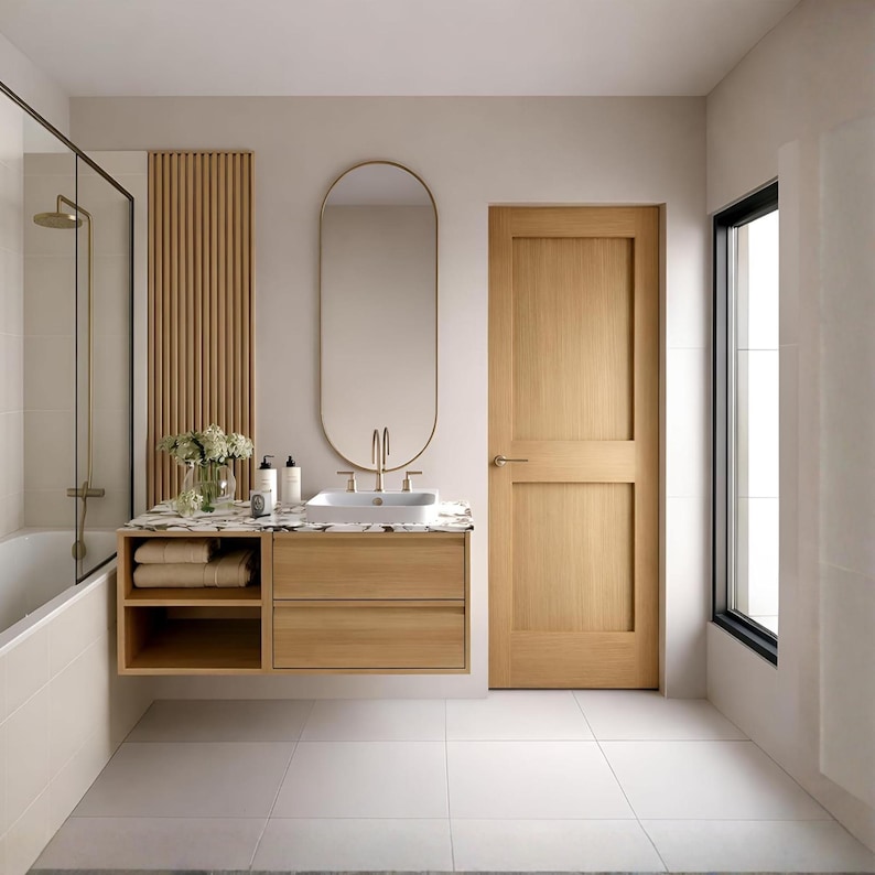 May include: A modern bathroom with a light wood vanity, a marble countertop, and an oval mirror. The room features a shower, a wooden door, and white tile flooring. The decor is minimalist and bright, with a focus on natural materials.