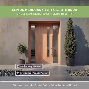 May include: A modern mahogany vertical lite door with a single slim glass panel. The door features a natural wood grain finish and a long, black handle. The text on the image reads "LEPTOS MAHOGANY VERTICAL LITE DOOR" and "MODERN ENTRY".