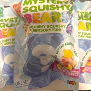 May include: A plastic pouch of Mystery Squishy Bears, series 3, for ages 3 and up. The packaging features colorful text, a blue bear graphic, and a yellow bear illustration. It includes the phrases Squishy Squashy Sensory Fun and One Set.