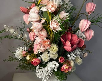 Large 26" Tall Floral Arrangement in White Ribbed Vase, Pink and White Faux Magnolia Centerpiece, Elegant Spring Home Decor, Statement Piece