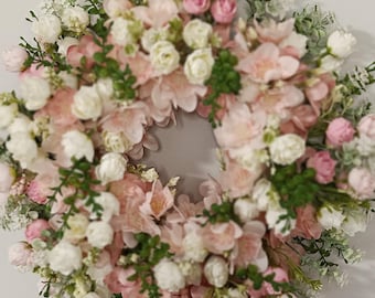 Pink and White Peony Flower Wreath for Front Door, Spring Floral Wall Decor, Artificial Rose Wreath, Housewarming Gift, Nursery Wall Art