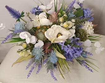 Wildflower Style Artificial Floral Arrangement, Blue Thistle & White Magnolia Table Centerpiece, Modern Farmhouse Decor, Cottagecore Gift