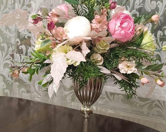 Large 26 Silk Peony Rose Floral Arrangement, Luxury Centerpiece, Silver Pedestal Vase