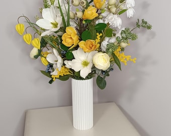 Charming Yellow & White Silk Floral Arrangement in White Ribbed Plastic Vase