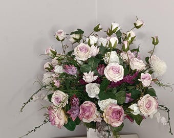 Elegant Dusty Rose & Cream Floral Arrangement in Fluted White Vase