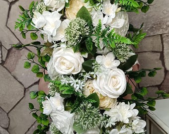 Luxury White Rose & Peony Flower Runner, 4ft Wedding Garland, Real Touch Floral Table Centerpiece, White and Greenery Arch Swag, 125cm