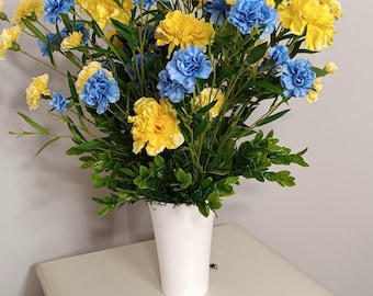 Blue and Yellow Flower Arrangement in White Vase, Ukrainian Flag Colors Floral Decor, Patriotic Table Centerpiece, Artificial Carnations Bou