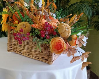 Pumpkin Floral Arrangement, Rustic Autumn Table Centerpiece, Thanksgiving Wicker Basket Decor, Faux Sunflowers and Berries Bouquet