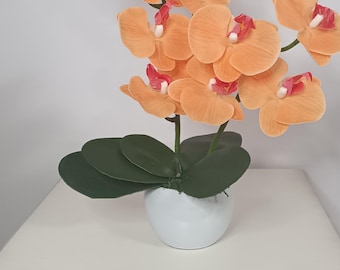 Luxury Artificial Peach Orchid Flower Arrangement, Real Touch Faux Floral Centerpiece, Large Silk Orchid in White Bowl Pot, Premium Decor