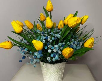 Yellow Tulips and Blue Baby's Breath Floral Arrangement in White Metal Pot, Ukrainian Colors Table Decor, Faux Spring Flower Bouquet, Gift