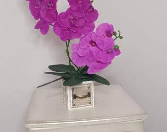 Faux Purple Orchid Arrangement in Rustic Wooden Planter, Artificial Orchid Centerpiece, Real Touch Silk Flowers for Home Decor, Gift for Her