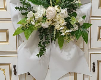 White Wedding Arch Flowers, Boho Bridal Flower Swag, Artificial Peony and Rose Arrangement for Wedding Sign, Modern White Greenery Wall Deco