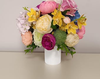 Dopamine Decor Faux Flower Arrangement in White Ribbed Vase, Colorful Artificial Peony and Orchid Centerpiece, Bright Floral Bouquet for Hom