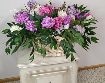 Artificial Spring Flower Arrangement in Wicker Basket, Faux Hyacinth and Lilac Centerpiece, Shabby Chic Home Decor, Pink and White Floral Gi