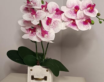 Real Touch Speckled Orchid Arrangement in Vintage Wooden Pot, Faux White Purple Phalaenopsis Centerpiece, Artificial Flowers Home Decor