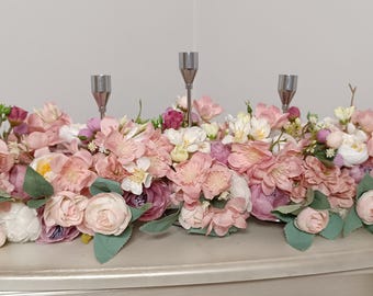 Floral Table Centerpiece with Candlesticks, 25" Elegant Wedding Flower Arrangement, Pink and White Floral Runner for Candelabra, Shabby Chic