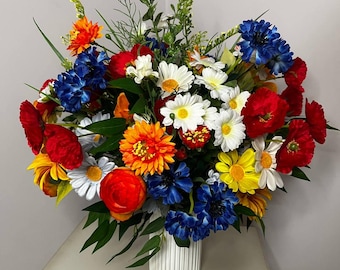 Large Colorful Artificial Flower Arrangement - Mixed Meadow Blooms for Wedding or Home Gift