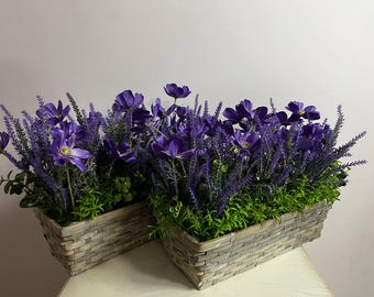 Elegant Purple Floral Arrangement in Grey Wicker Basket – Artificial Wildflower Centerpiece
