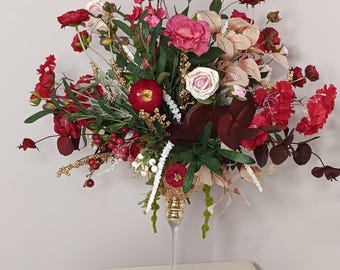 Elegant Red and Pink Floral Centerpiece in Gold Goblet Vase