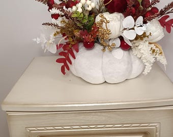 Large White Velvet Pumpkin Floral Centerpiece, Burgundy and White Flower Arrangement, 16" Big Autumn Table Decor, Fall Wedding, Thanksgiving