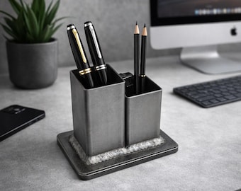Industrial Steel Pen Holder Desk Organizer, Hand Welded Minimalist Metal Office Desk Caddy, Matte Clear Varnish