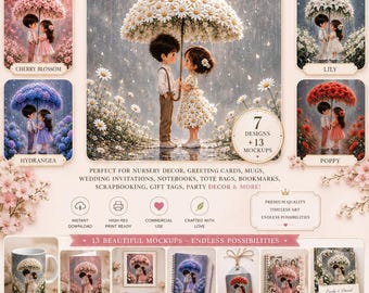 Floral Couple Clipart Bundle, Flower Umbrella Rain Digital Print, Nursery Wall Art, Greeting Card, Wedding Printable, Chibi Art PNG