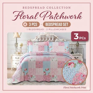 3 Piece Quilted Patchwork Bedspread Throw Bedding Set Single Double King Size UK | Floral Quilted Patchwork Bedspread