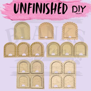 May include: A collection of unfinished light brown wooden arch-shaped craft blanks in various configurations. The set includes single, triple, and quadruple arch designs with smooth and scalloped edges, each featuring a small semi-circular cutout.
