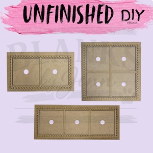 May include: Three unfinished DIY project wood cutouts. The cutouts are rectangular with scalloped edges and a series of interior compartments. Each cutout has a central hole. The text "UNFINISHED DIY PROJECT" is at the top.