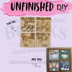 May include: A set of unfinished wooden DIY craft pieces featuring goose designs and text including Life is better together, Silly Goose Club, Hey There, and Hey Silly Goose, shown alongside a finished version with painted colourful tiles.