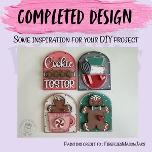 May include: Four arched wooden plaques featuring holiday baking themes. One reads Cookie TESTER with a rolling pin. Another shows mixing bowls and a whisk. The third features a gingerbread person in a mug labeled GINGERBREAD KISSES PEPPERMINT WISHES. The fourth shows a gingerbread person.