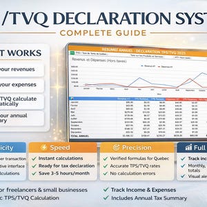 以下が含まれることがあります： TPS/TVQ申告システムの完全ガイド。画像には、収益と支出のグラフを含む財務データが表示されたデジタルディスプレイが表示されています。このガイドは、税務申告の簡素さ、スピード、精度、および完全な可視性を強調しています。