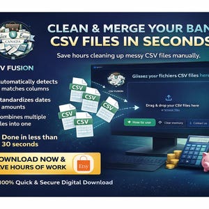 Könnte beinhalten: Eine digitale Werbung für die Software CSV Fusion, die zum Bereinigen und Zusammenführen von Bank-CSV-Dateien entwickelt wurde. Das Bild zeigt einen Computerbildschirm, einen Taschenrechner, ein Sparschwein und Münzhaufen. Der Text enthält "Clean & Merge Your Bank CSV Files in Seconds."