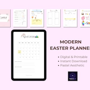 Puede incluir: Un planificador digital de Pascua que se muestra en una tableta, con un calendario para abril de 2026. La imagen incluye páginas imprimibles con diseños temáticos de Pascua y el texto "Easter" y "Modern Easter Planner". El planificador se describe como digital, imprimible y con una estética pastel.