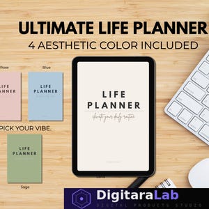 Peut inclure: Un planificateur de vie numérique sur une tablette, avec des options de couleurs rose, bleu et sauge. Le texte indique "ULTIMATE LIFE PLANNER" et "4 COULEURS ESTHÉTIQUES INCLUSES". Un clavier et une souris sont également visibles.