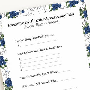 Pode incluir: Um papel branco com o texto "Executive Dysfunction Emergency Plan" e "Survival Mode = Activated". O papel tem uma borda floral com mirtilos e folhas. O texto inclui instruções para dividir as tarefas em etapas menores.