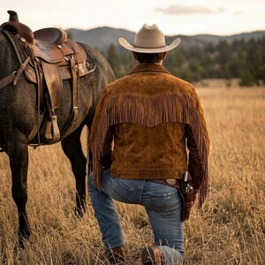 May include: A brown suede jacket with fringe detail, worn with blue jeans and a cowboy hat. A horse with a saddle is in the background. The scene is set in a field with dry grass.