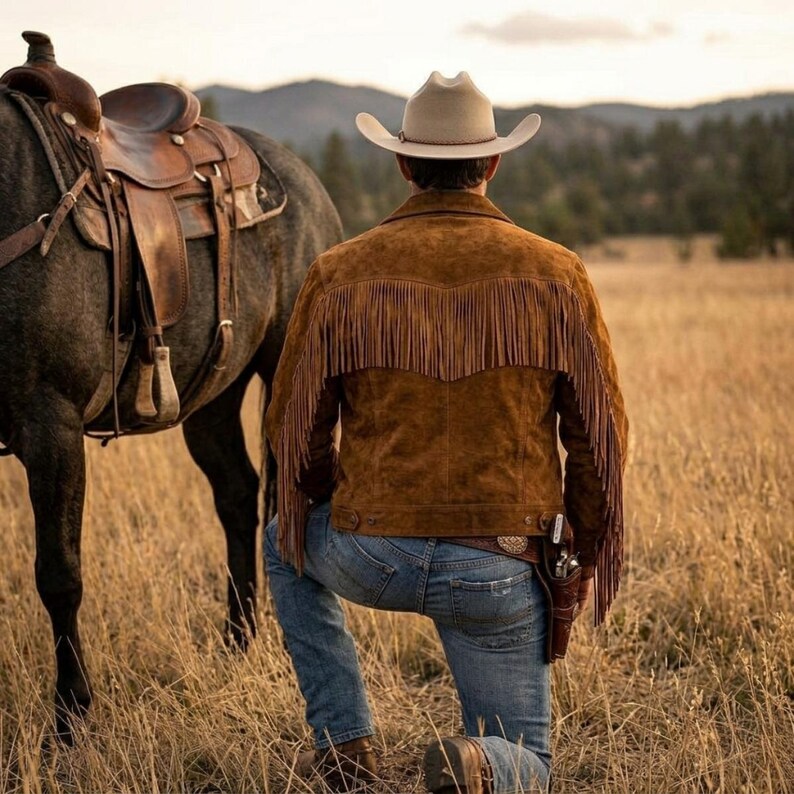 May include: A brown suede jacket with fringe detail, worn with blue jeans and a cowboy hat. A horse with a saddle is in the background. The scene is set in a field with dry grass.