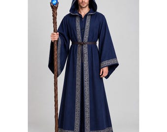 Granatowa szata czarodzieja z kapturem, haftowany kostium fantasy, renesansowy płaszcz cosplay, niestandardowy rozmiar unisexowy płaszcz czarodzieja, kostium czarodzieja