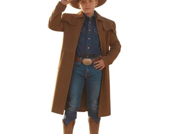 Chłopięcy płaszcz typu Duster w stylu western, dziecięca kurtka kowbojska, długi płaszcz dziecięcy, brązowy płaszcz ze sztucznego zamszu, płaszcz w stylu Dzikiego Zachodu, płaszcz typu Duster Ranger A7