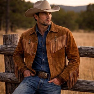 May include: A brown suede jacket with fringing, worn over a denim shirt and blue jeans. The jacket has decorative metal details and is paired with a cowboy hat and belt buckle. The man is leaning against a wooden fence.