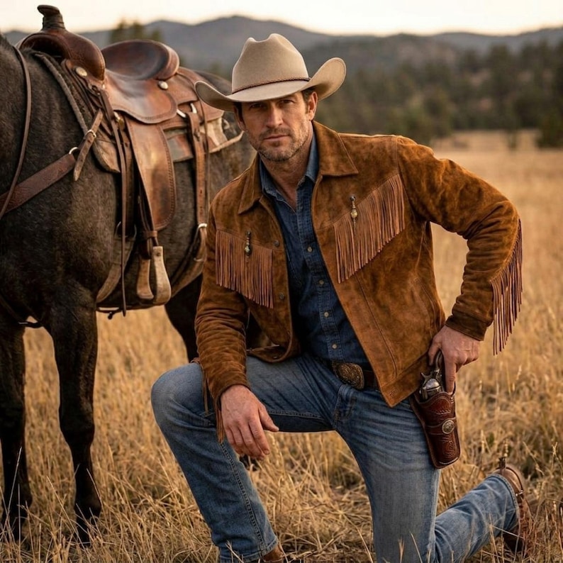 May include: A cowboy in a tan hat and brown suede jacket with fringe detail, kneeling in a field. He wears a denim shirt and jeans, with a holster and gun. A saddled horse stands nearby.