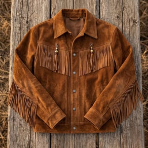 May include: A brown suede jacket with fringe detailing on the chest, sleeves, and back. The jacket has a button-up front, a collar, and decorative bead accents. The jacket is displayed on a wooden surface.