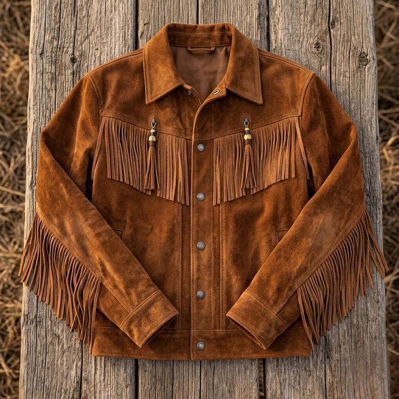 May include: A brown suede jacket with fringe detailing on the chest, sleeves, and back. The jacket has a button-up front, a collar, and decorative bead accents. The jacket is displayed on a wooden surface.