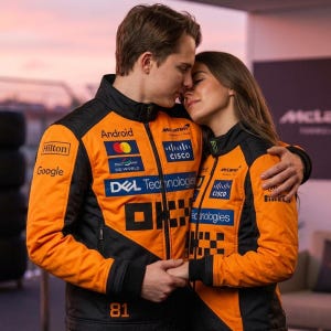 Puede incluir: Chaquetas de carreras McLaren naranjas y negras con logotipos de patrocinadores, incluyendo "Android", "Hilton" y "Cisco". Las chaquetas tienen el número "81". Las chaquetas son usadas por dos personas.