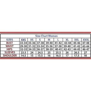 May include: A women's clothing size chart, displaying measurements in inches. The chart ranges from XXS to XXXL, providing bust, waist, hips, sleeve, and shoulder measurements. The text "Size Chart Women" is at the top.