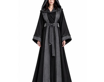 Szata z kapturem w stylu fantasy cosplay, płaszcz gotyckiej czarownicy, średniowieczny kostium wiedźmy, renesansowa szata czarodzieja, kostium czarodzieja