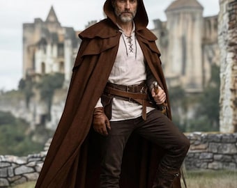 Męski średniowieczny płaszcz z kapturem, brązowy gotycki płaszcz, renesansowy płaszcz LARP Cosplay, płaszcz z kapturem wikinga, kostium wojownika, brązowy płaszcz typu duster