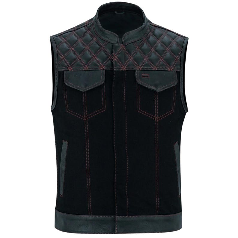 Denim leren bikervest heren | Diamant gewatteerd motorvest | Mouwloos jack in clubstijl | Ruitergilet | Bikervest heren afbeelding 3