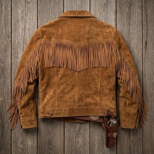 May include: A brown suede jacket with fringe detailing across the back and sleeves. The jacket has a classic collar and button closures. A brown leather holster with a silver revolver is tucked under the jacket.